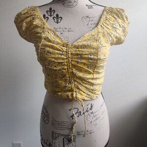 🆕 Japna Yellow Floral flower power boho Bohemian milkmaid Ruched Crop Top_Small